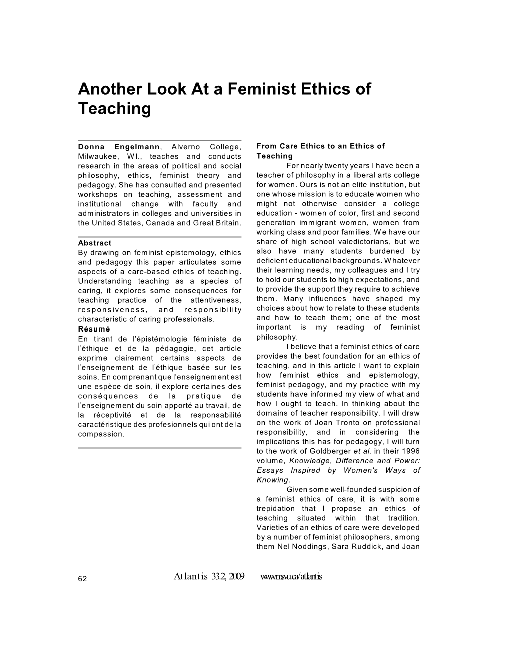 Another Look at a Feminist Ethics of Teaching