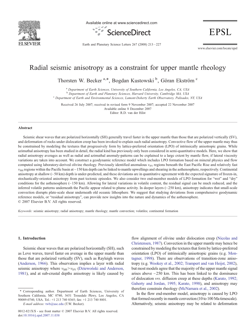 Radial Seismic Anisotropy As a Constraint for Upper Mantle Rheology ⁎ Thorsten W