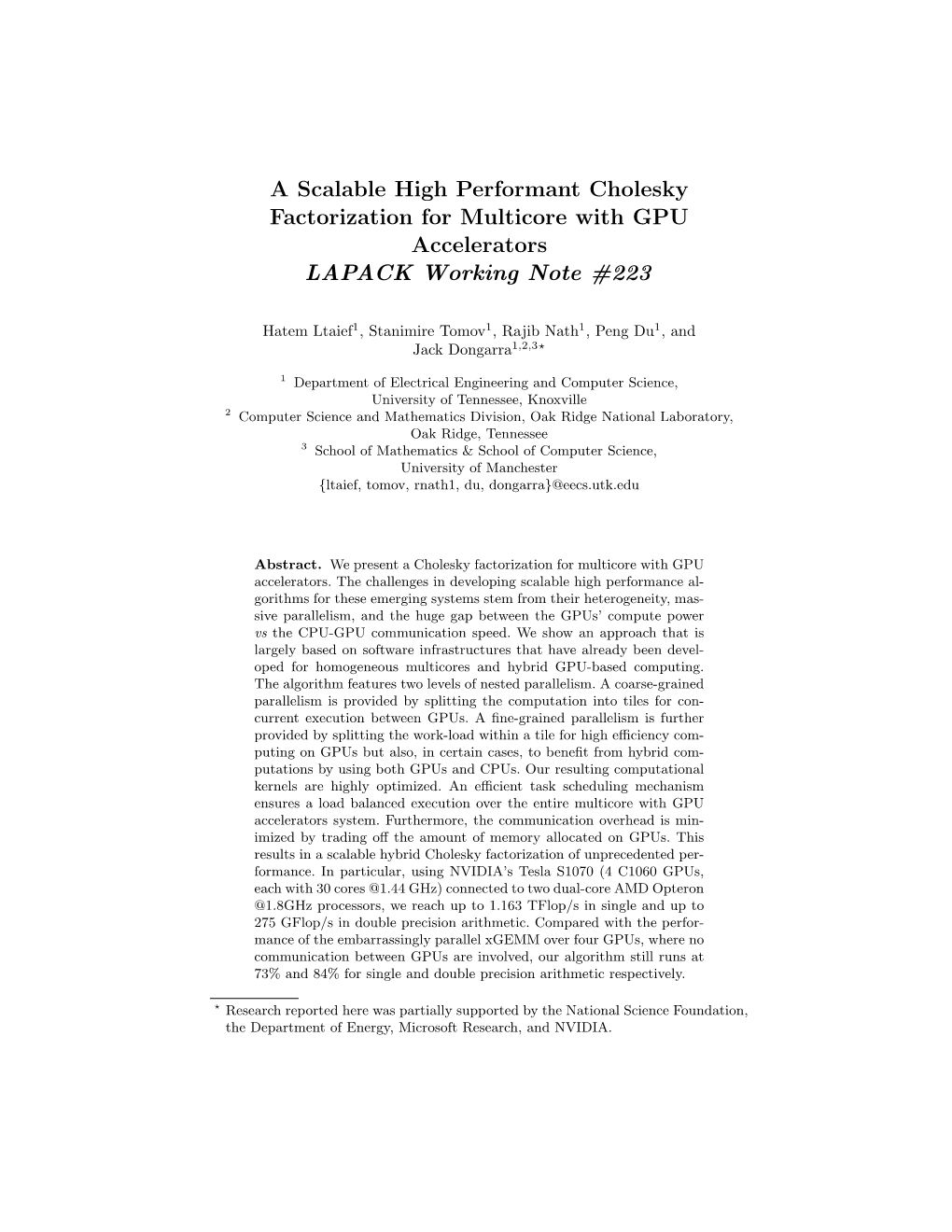 A Scalable High Performant Cholesky Factorization for Multicore with GPU Accelerators LAPACK Working Note #223