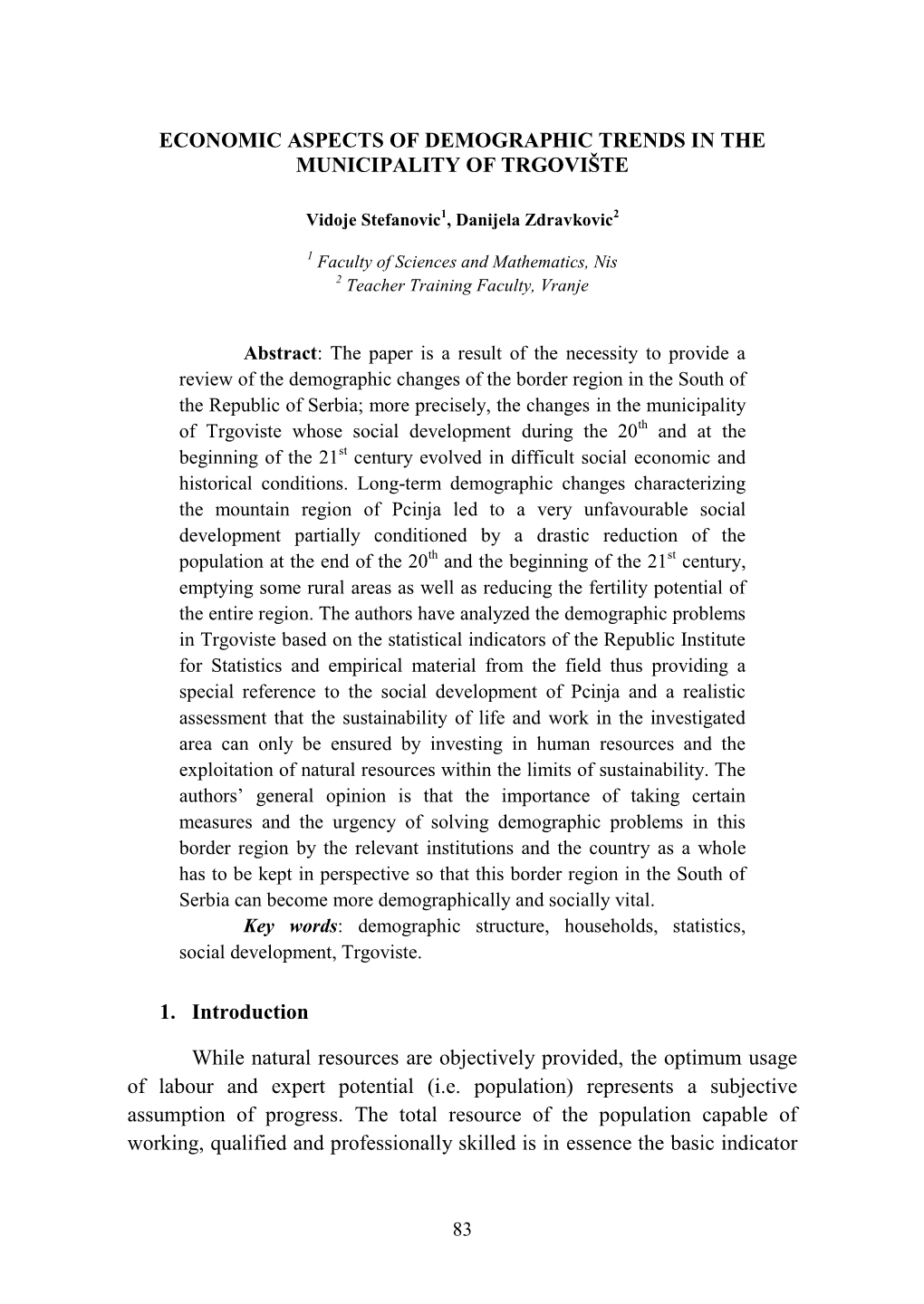 Economic Aspects of Demographic Trends in the Municipality of Trgovište