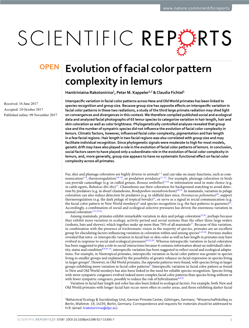 Evolution of Facial Color Pattern Complexity in Lemurs Hanitriniaina Rakotonirina1, Peter M