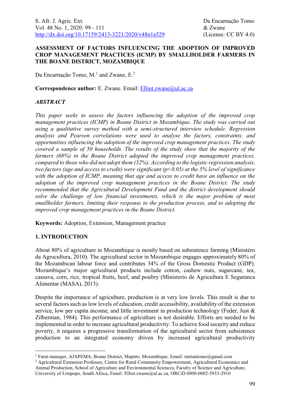 Assessment of Factors Influencing the Adoption of Improved Crop Management Practices (Icmp) by Smallholder Farmers in the Boane District, Mozambique