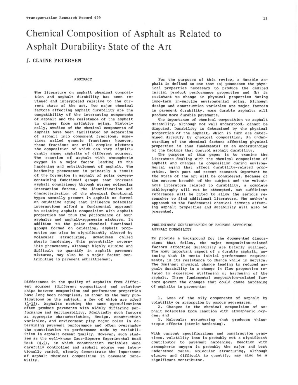 Chemical Composition of Asphalt As Related to Asphalt Durability: State of the Art