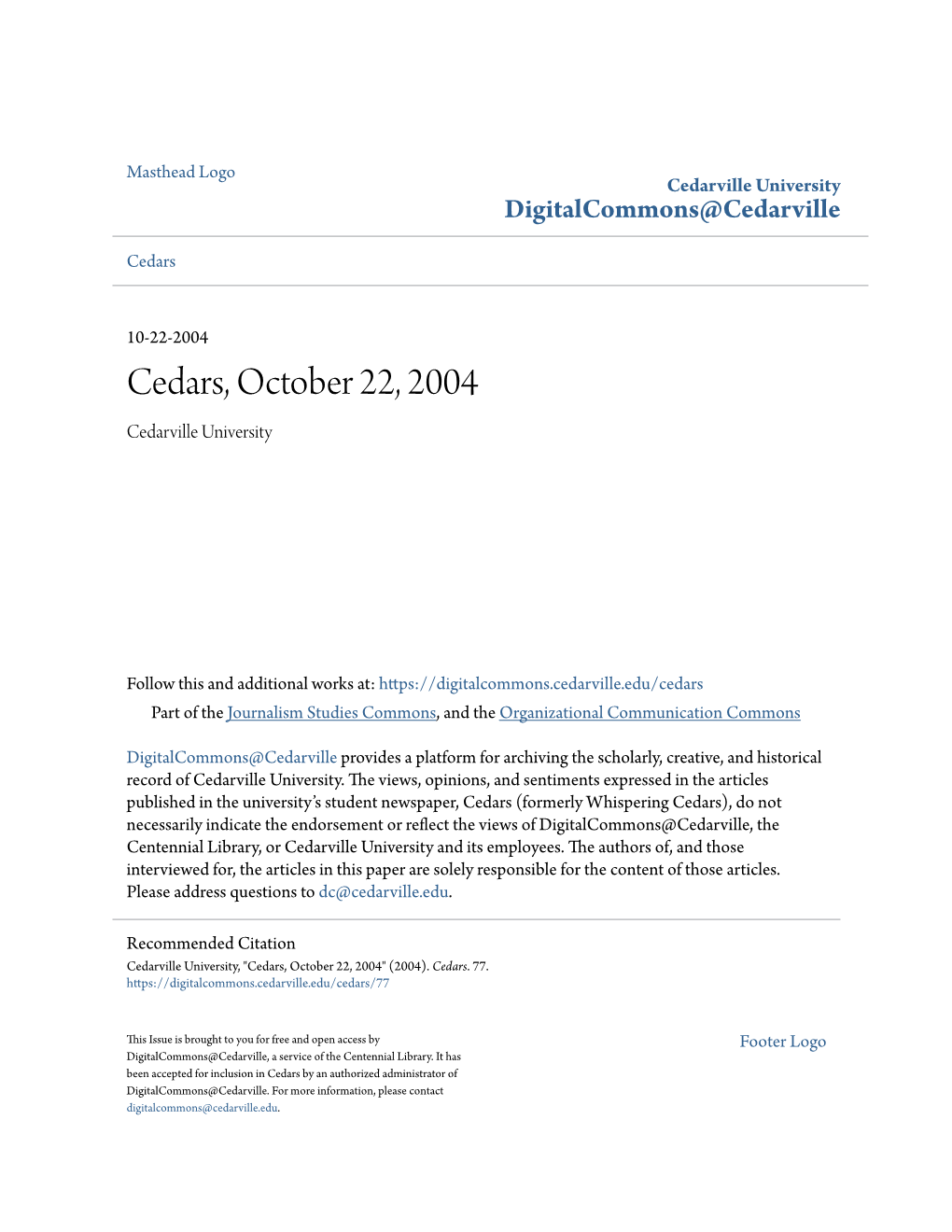 Cedars, October 22, 2004 Cedarville University