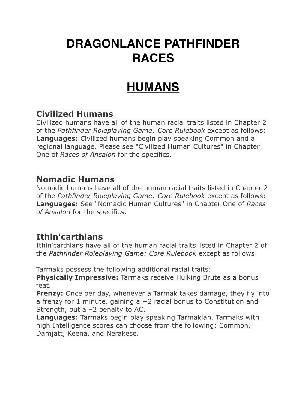 Dragonlance Pathfinder Races Humans