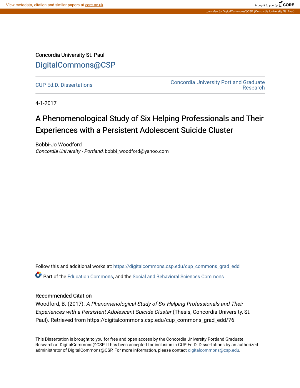 A Phenomenological Study of Six Helping Professionals and Their Experiences with a Persistent Adolescent Suicide Cluster