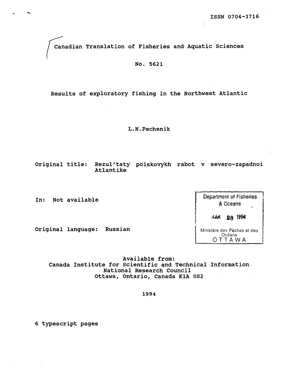 Oceans Tii'.\Et 28 1994 1 � Language: Russian Original 1 Ministère Des Pèches Et Des Oceans , �OTTAWA