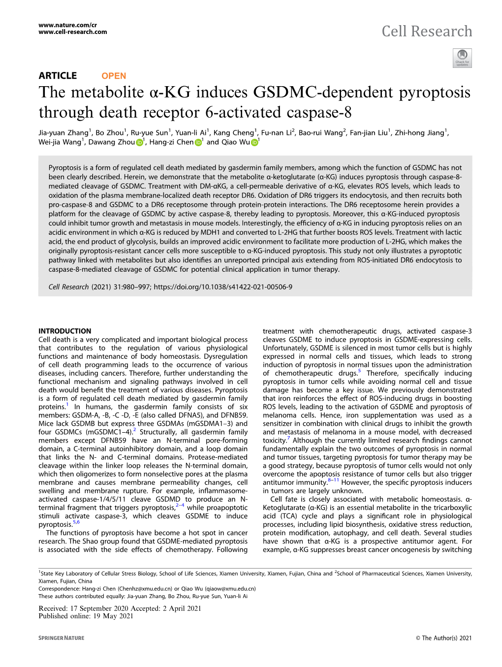 The Metabolite Î±-KG Induces GSDMC-Dependent Pyroptosis Through Death Receptor 6-Activated Caspase-8