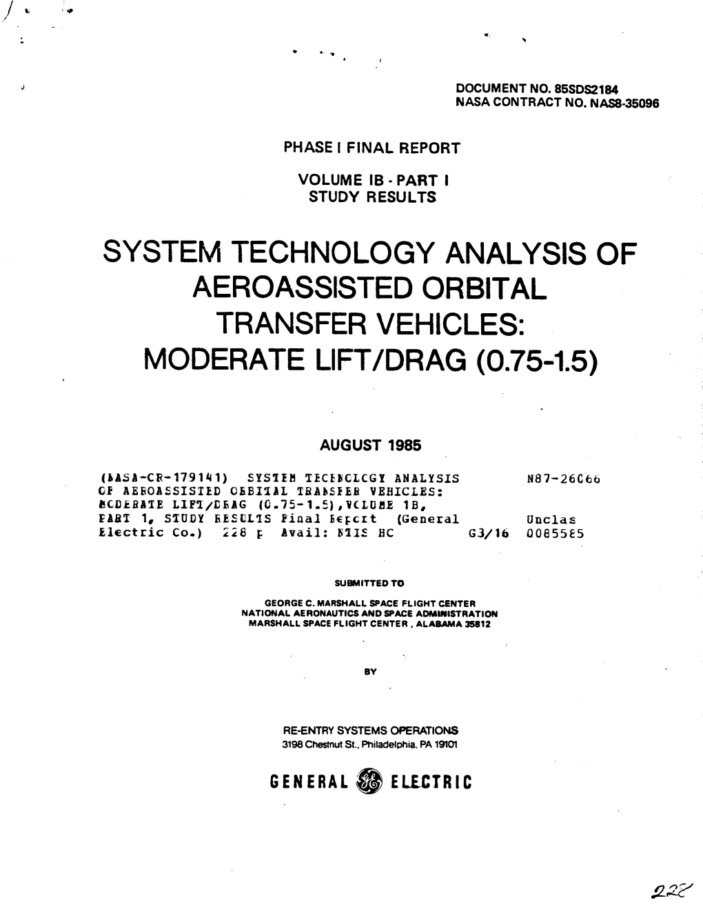 System Technology Analysis of Aeroassisted Orbital Transfer Vehicles: Moderate Lift/Drag (0.75-1.5)