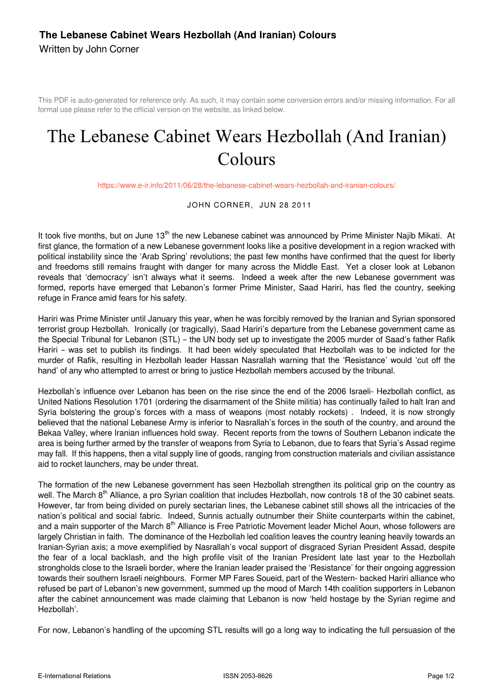 The Lebanese Cabinet Wears Hezbollah (And Iranian) Colours Written by John Corner