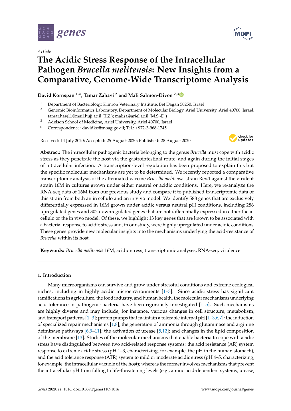 The Acidic Stress Response of the Intracellular Pathogen Brucella Melitensis: New Insights from a Comparative, Genome-Wide Transcriptome Analysis