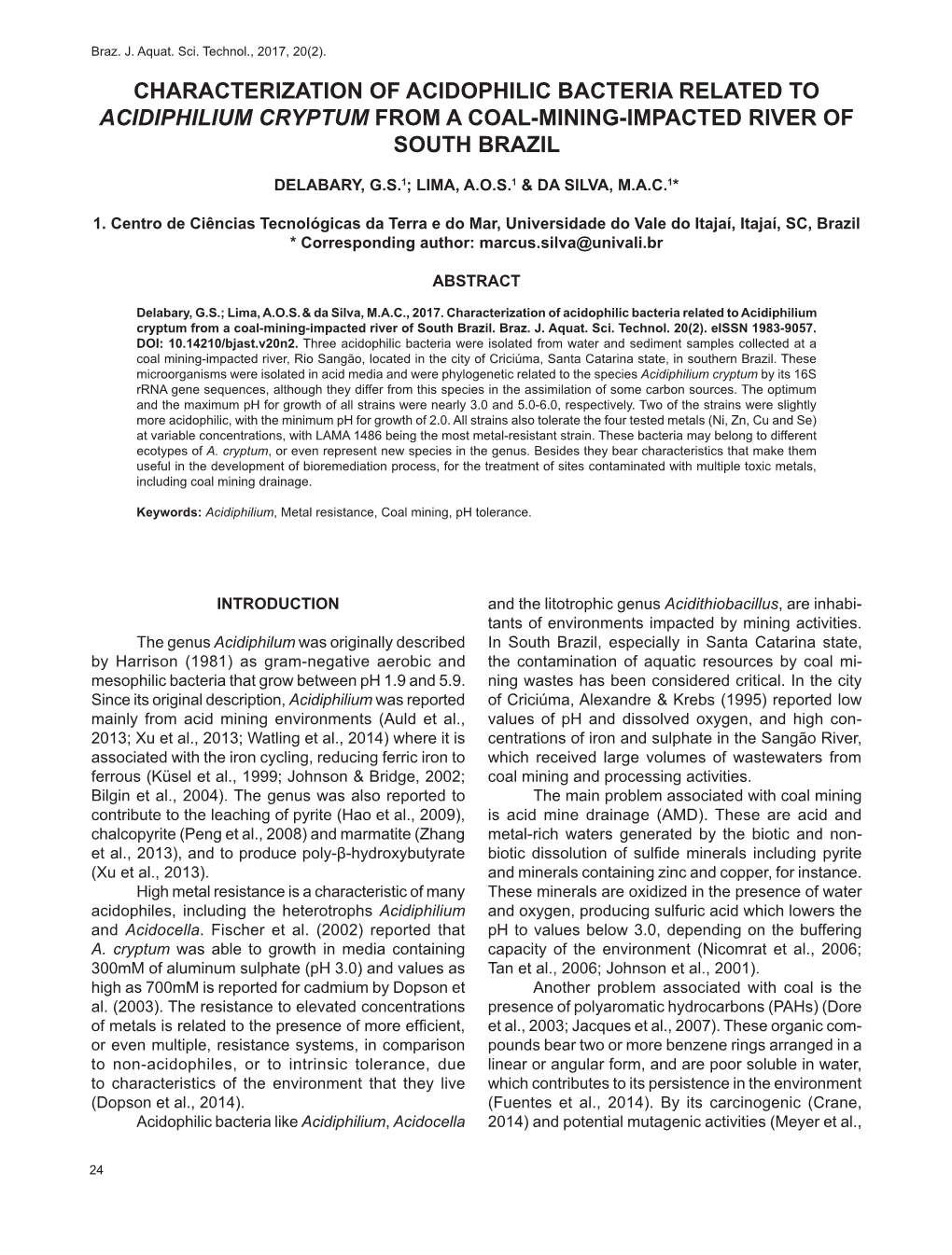 Characterization of Acidophilic Bacteria Related to Acidiphilium Cryptum from a Coal-Mining-Impacted River of South Brazil