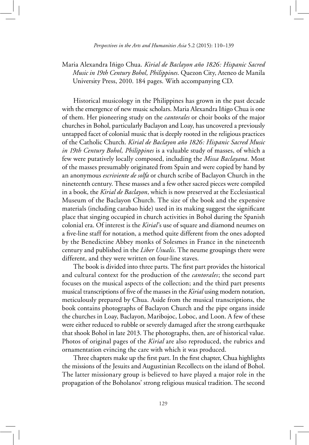 Maria Alexandra Iñigo Chua. Kirial De Baclayon Año 1826: Hispanic Sacred Music in 19Th Century Bohol, Philippines