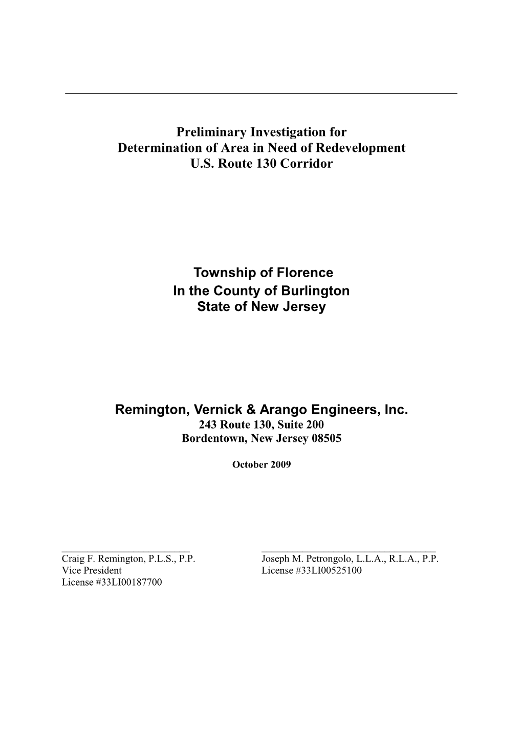 Preliminary Investigation for Determination of Area in Need of Redevelopment U.S. Route 130 Corridor Township of Florence In