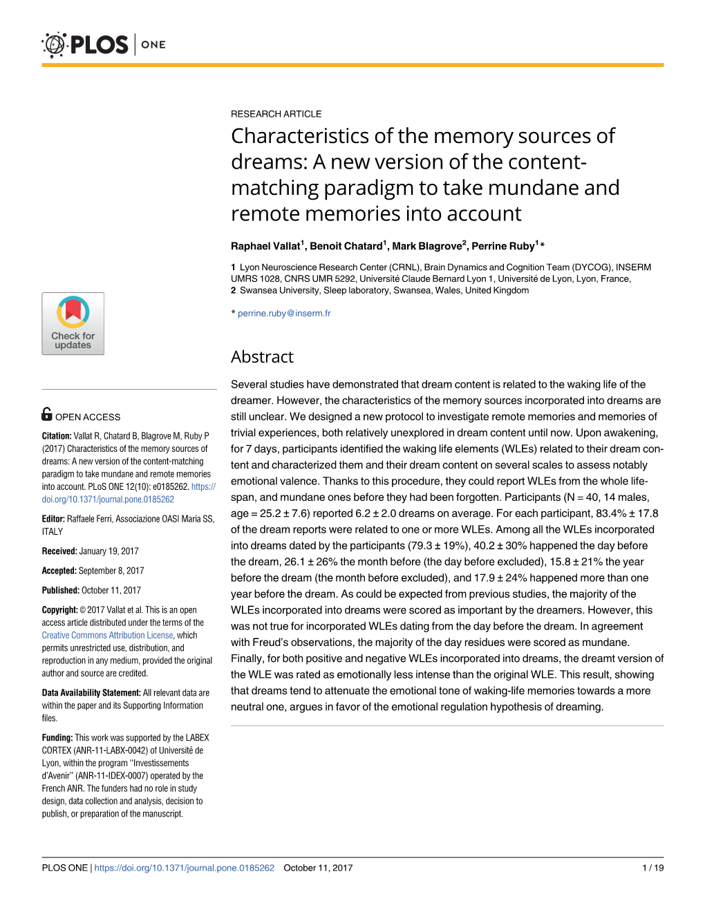 Characteristics of the Memory Sources of Dreams: a New Version of the Content- Matching Paradigm to Take Mundane and Remote Memories Into Account