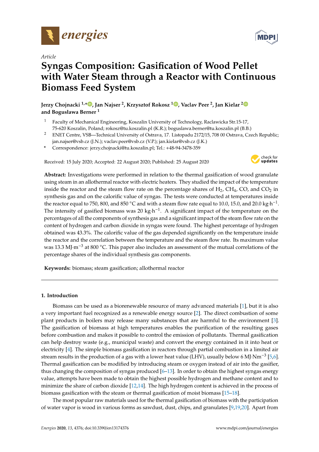 Syngas Composition: Gasification of Wood Pellet with Water Steam