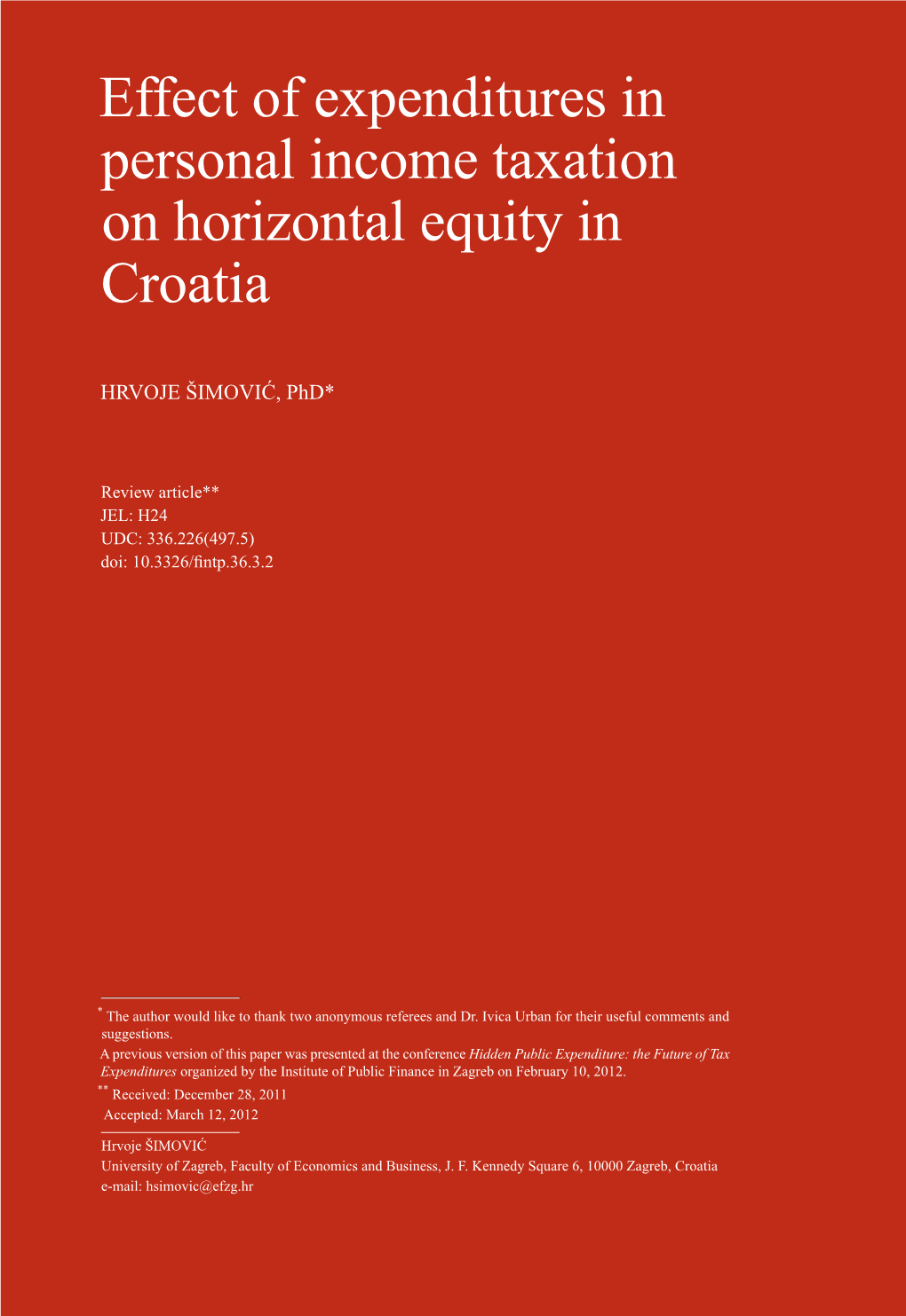 Effect of Expenditures in Personal Income Taxation on Horizontal Equity in Croatia