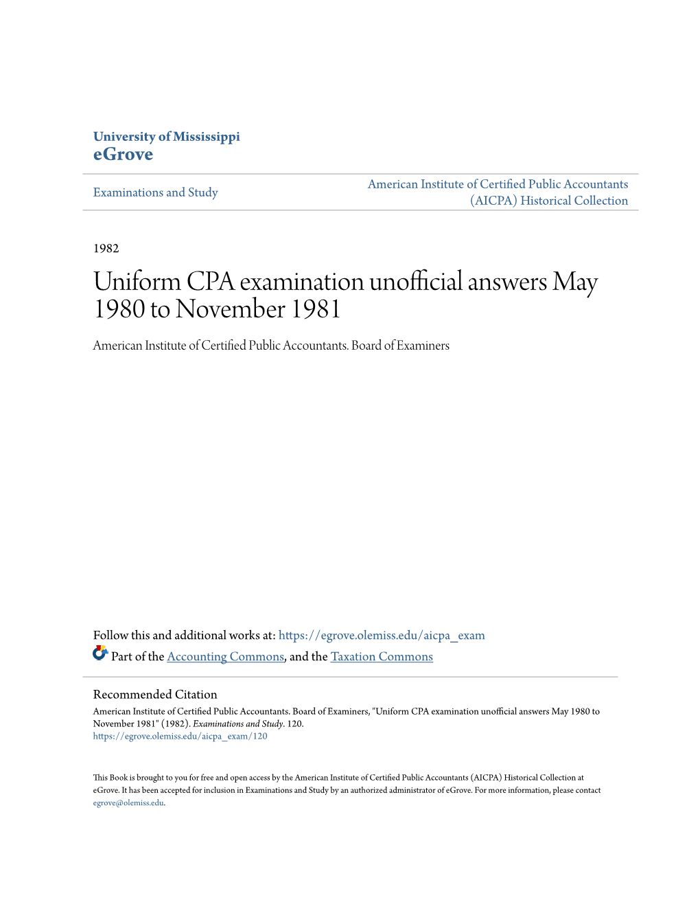 Uniform CPA Examination Unofficial Answers May 1980 to November 1981 American Institute of Certified Public Accountants