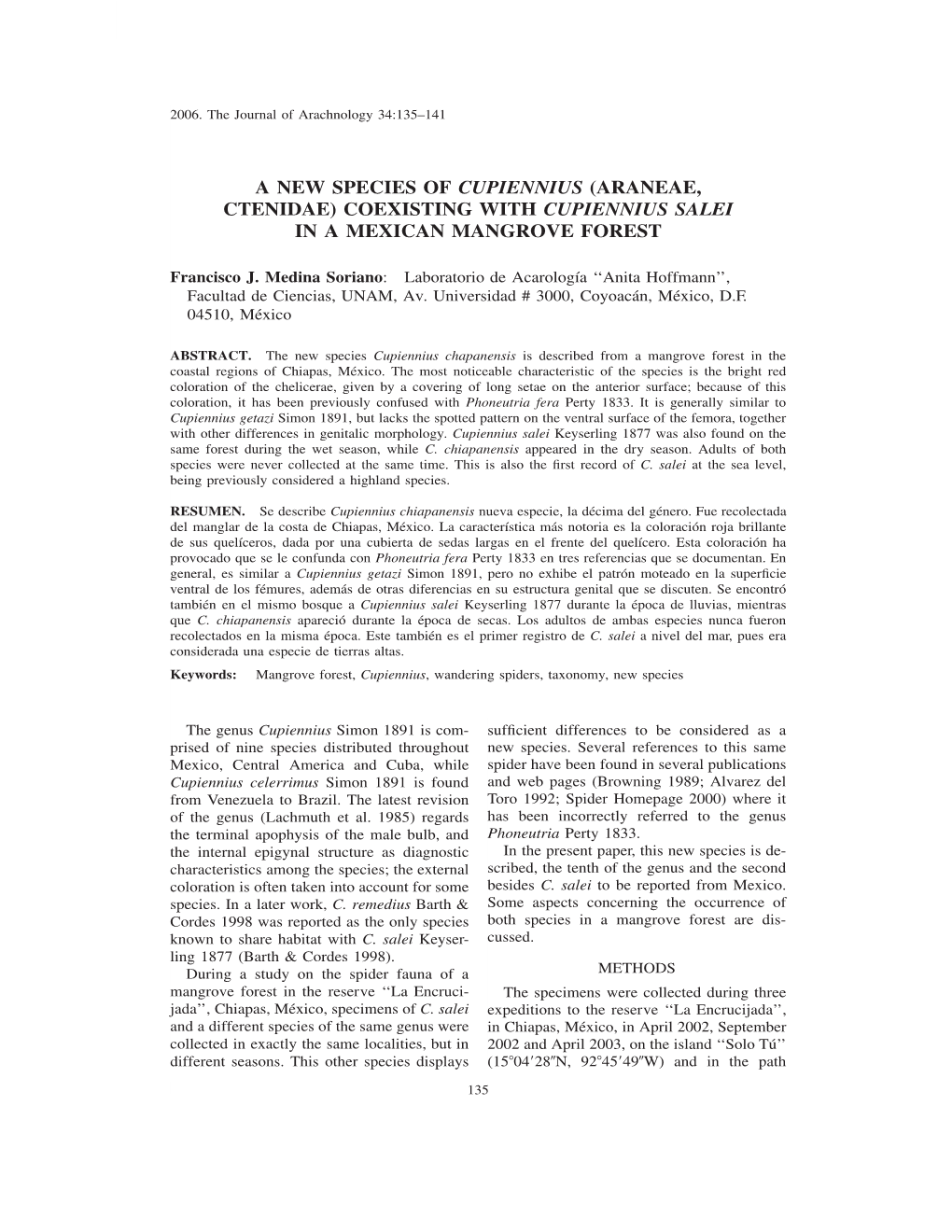 A New Species of Cupiennius (Araneae, Ctenidae) Coexisting with Cupiennius Salei in a Mexican Mangrove Forest