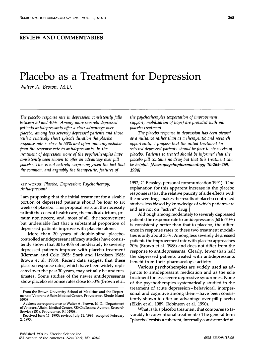 Placebo As a Treatment for Depression Walter A