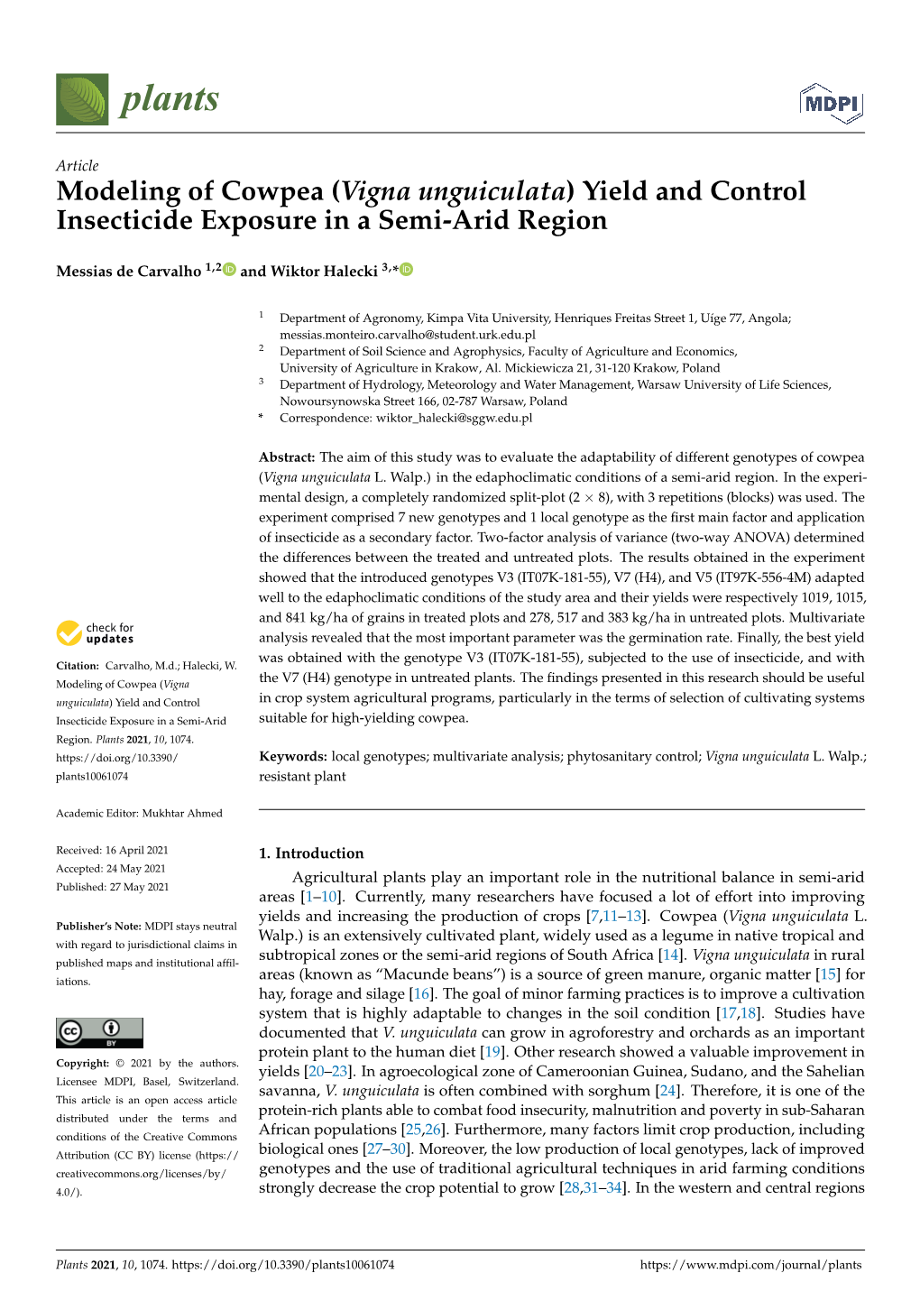 Modeling of Cowpea (Vigna Unguiculata) Yield and Control Insecticide Exposure in a Semi-Arid Region