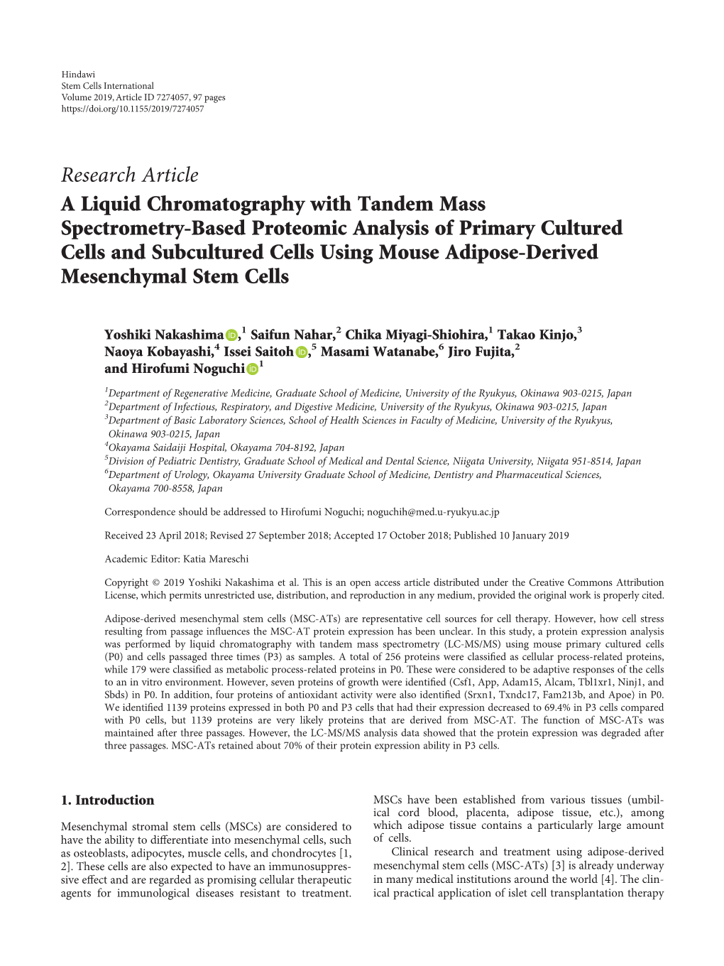 Research Article a Liquid Chromatography with Tandem Mass Spectrometry-Based Proteomic Analysis of Primary Cultured Cells and Subcultured Cells Using Mouse Adipose-Derived