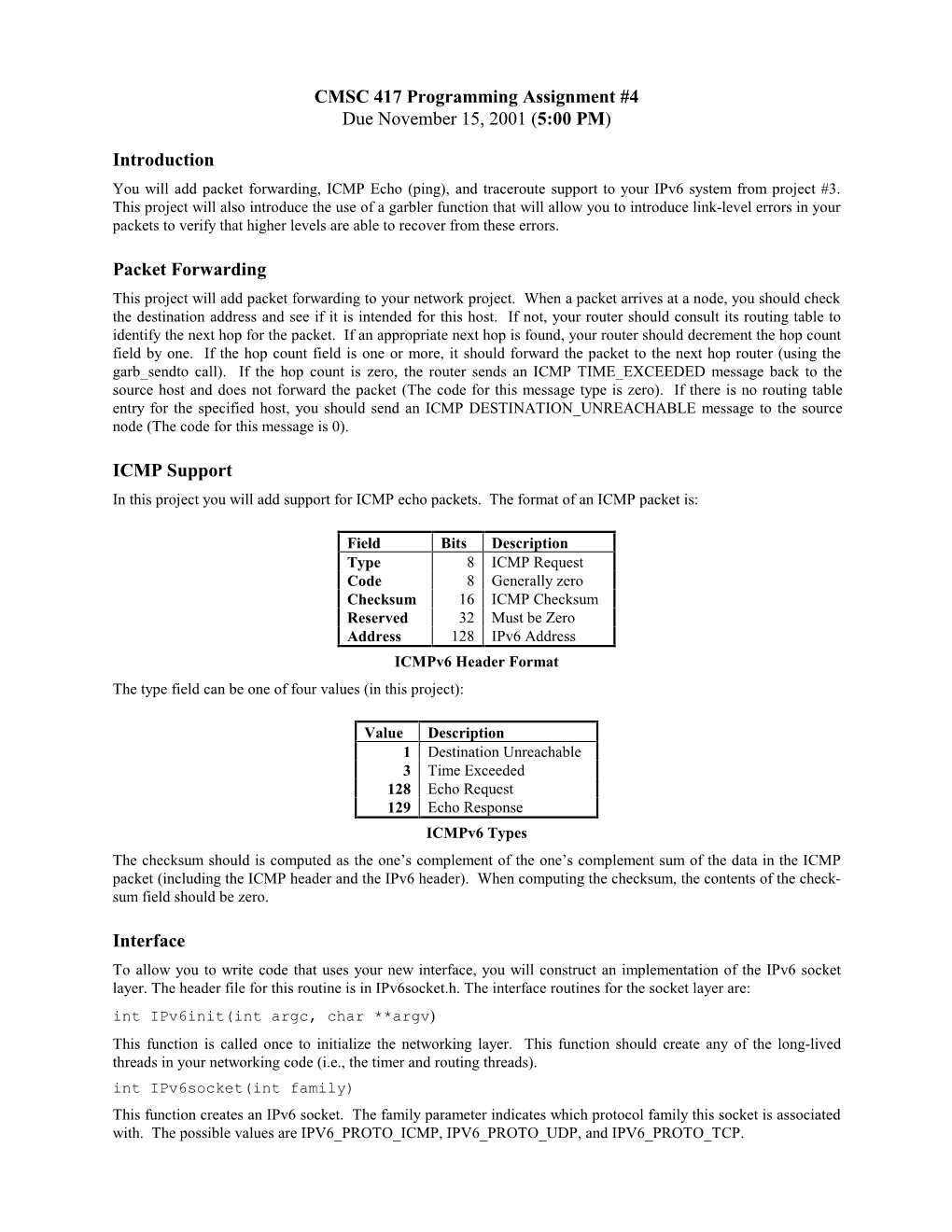 CMSC 417 Programming Assignment #4 Due November 15, 2001 (5:00 PM)