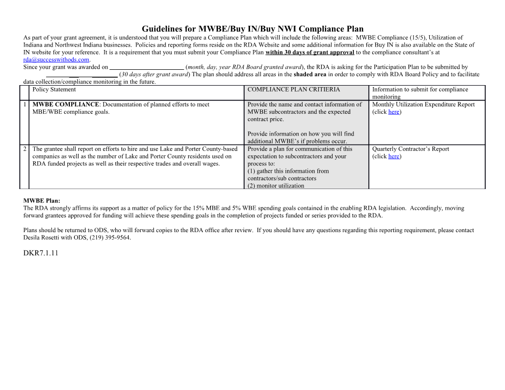 Guidelines for MWBE/Buy IN/Buy NWI Compliance Plan