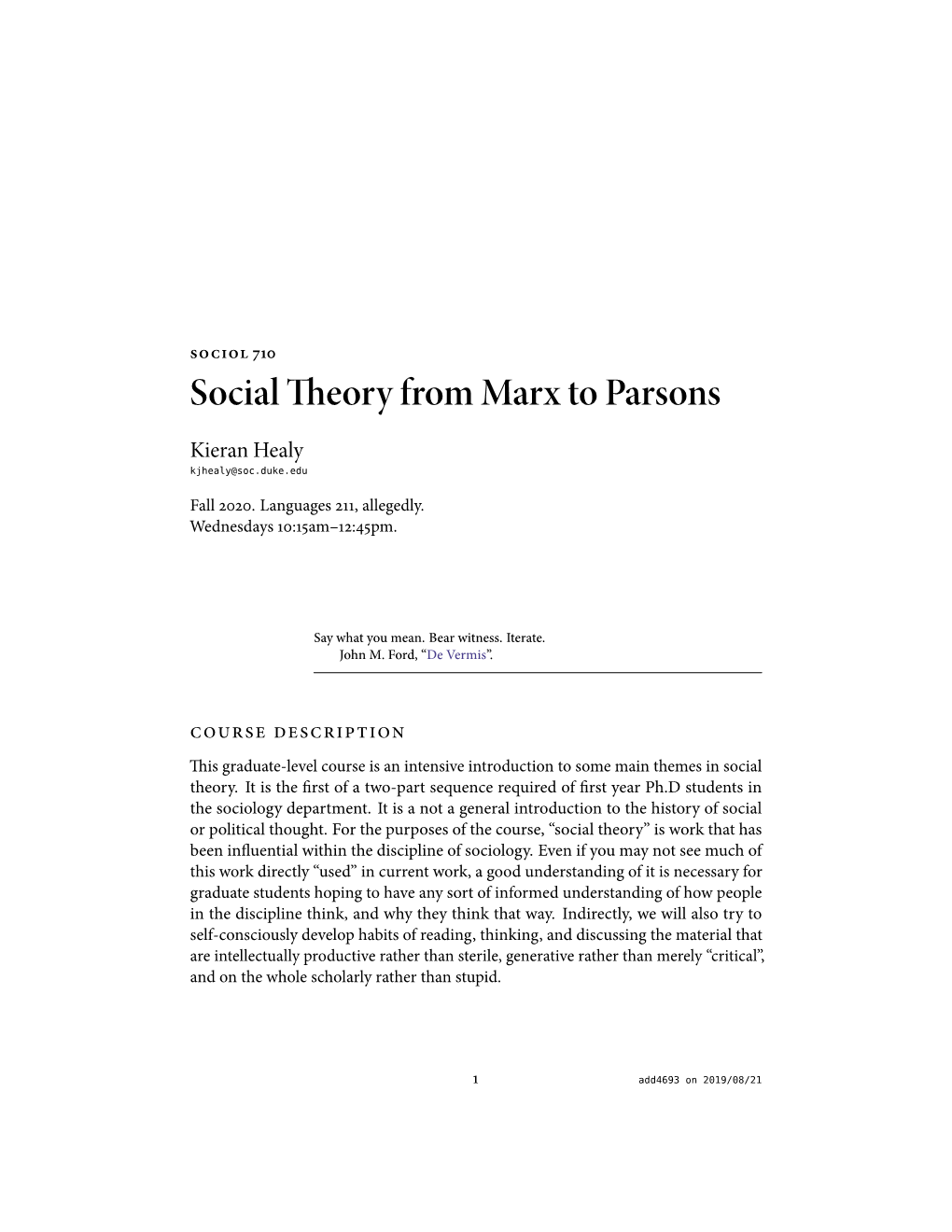 Socialtheory from Marx to Parsons