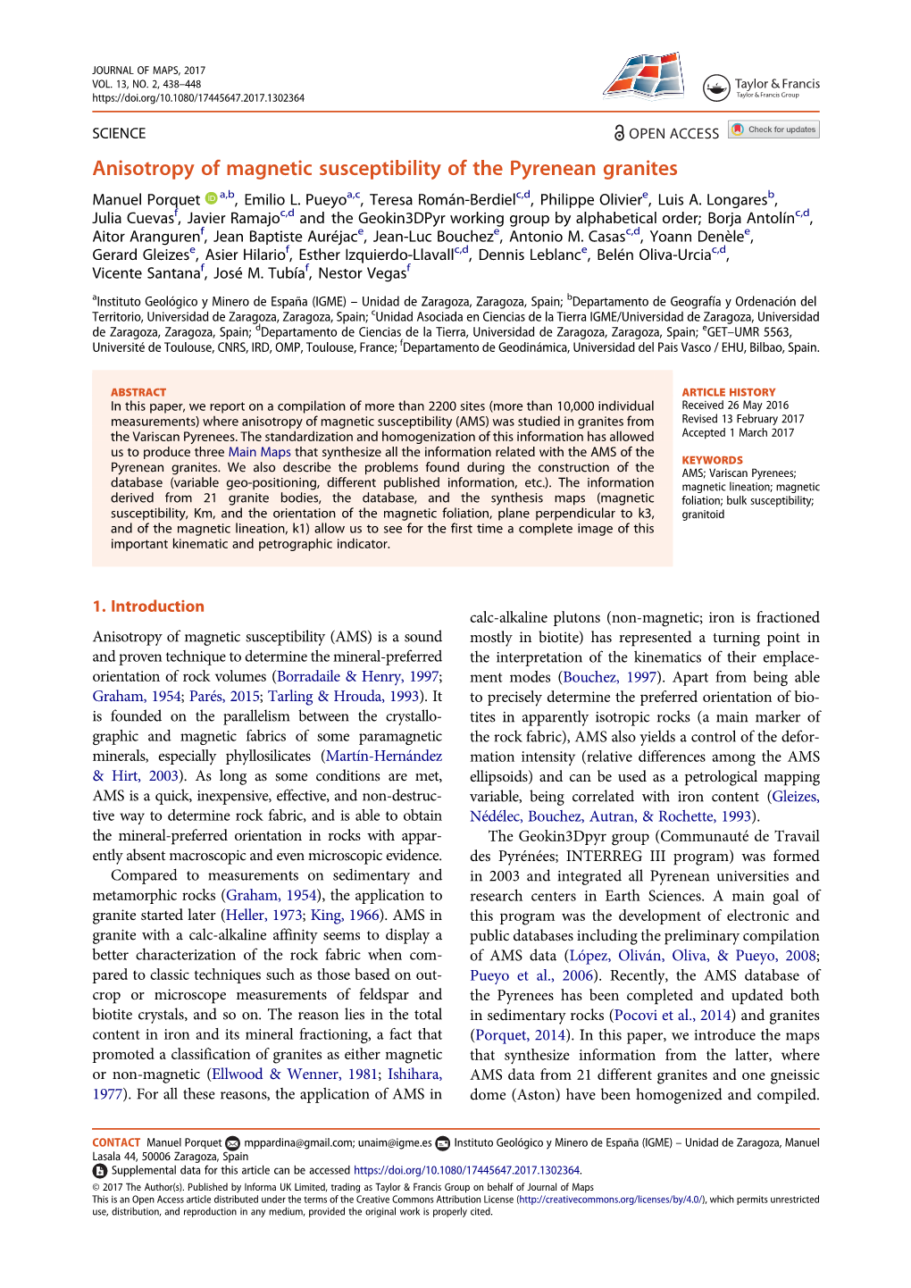 Anisotropy of Magnetic Susceptibility of the Pyrenean Granites Manuel Porquet A,B, Emilio L