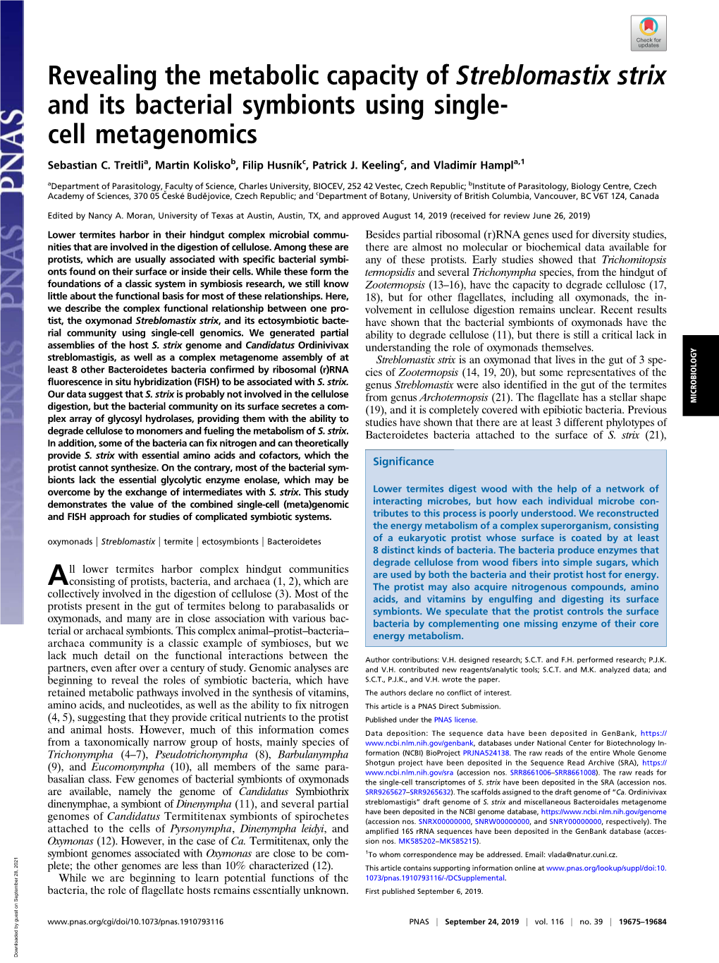 Revealing the Metabolic Capacity of Streblomastix Strix and Its Bacterial Symbionts Using Single- Cell Metagenomics