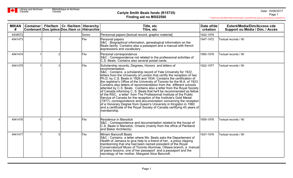 Carlyle Smith Beals Fonds (R15735) Finding Aid No MSS2580 MIKAN