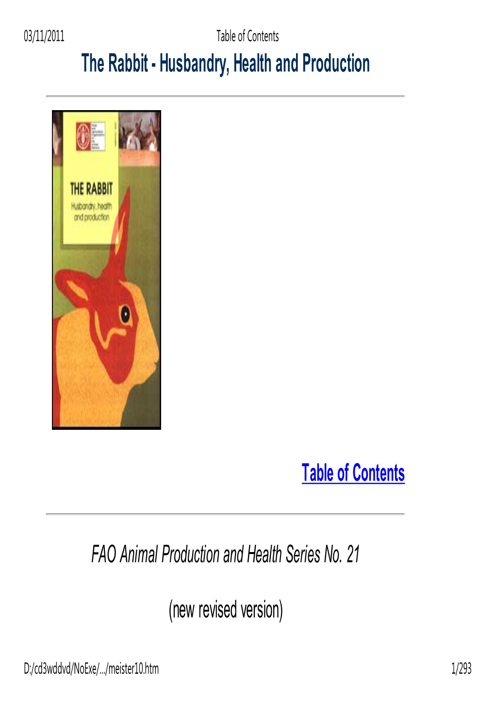 Table of Contents the Rabbit - Husbandry, Health and Production