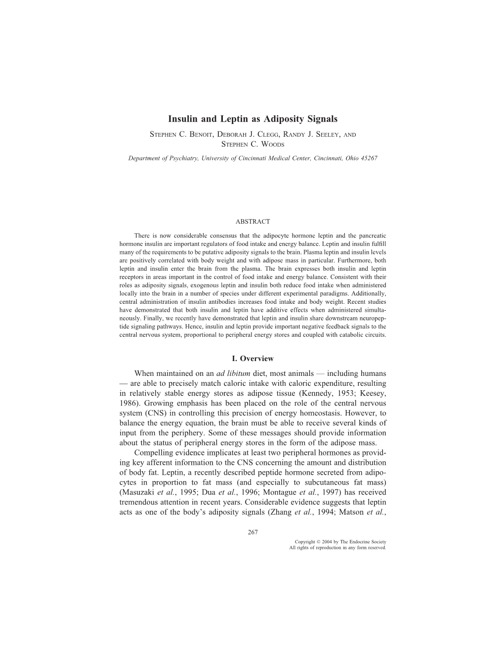 Insulin and Leptin As Adiposity Signals