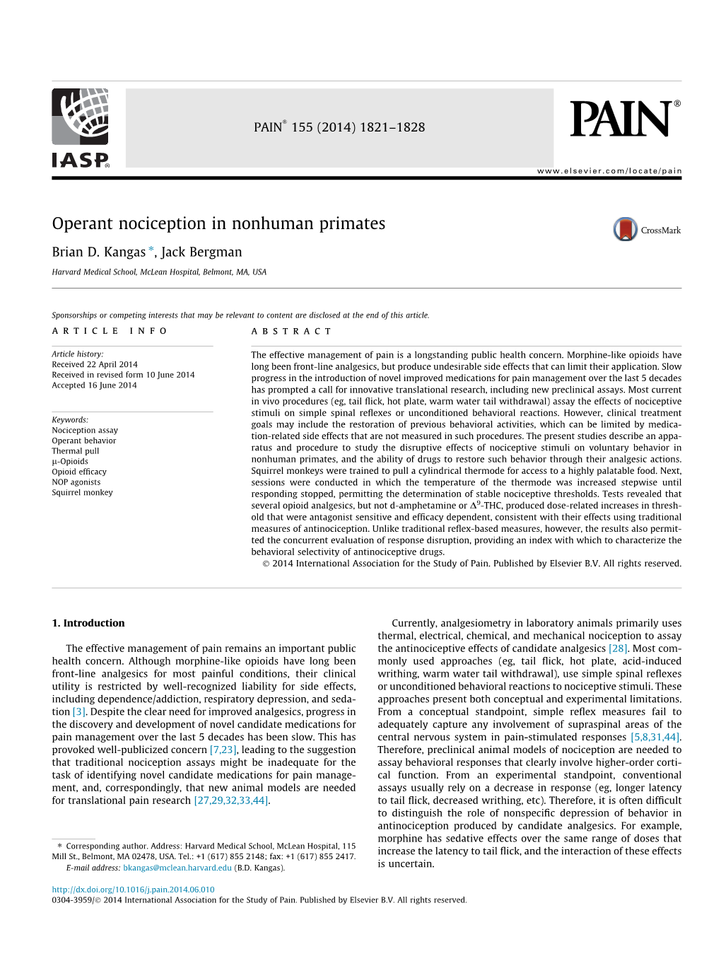 Operant Nociception in Nonhuman Primates ⇑ Brian D