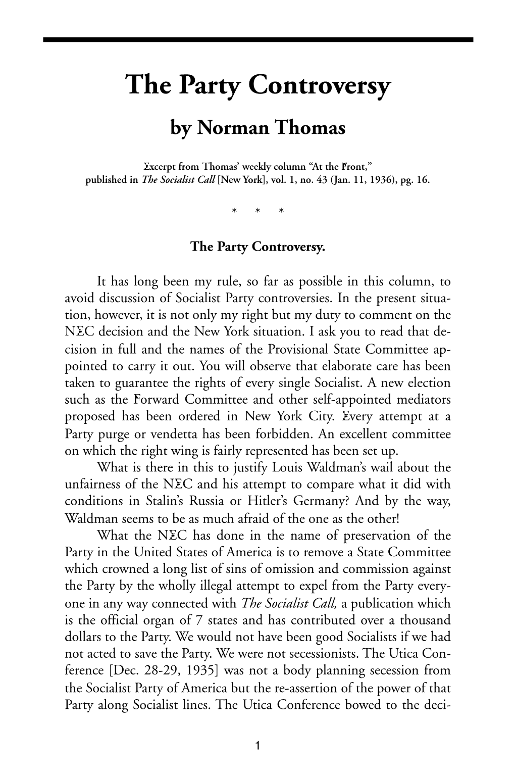 The Party Controversy by Norman Thomas