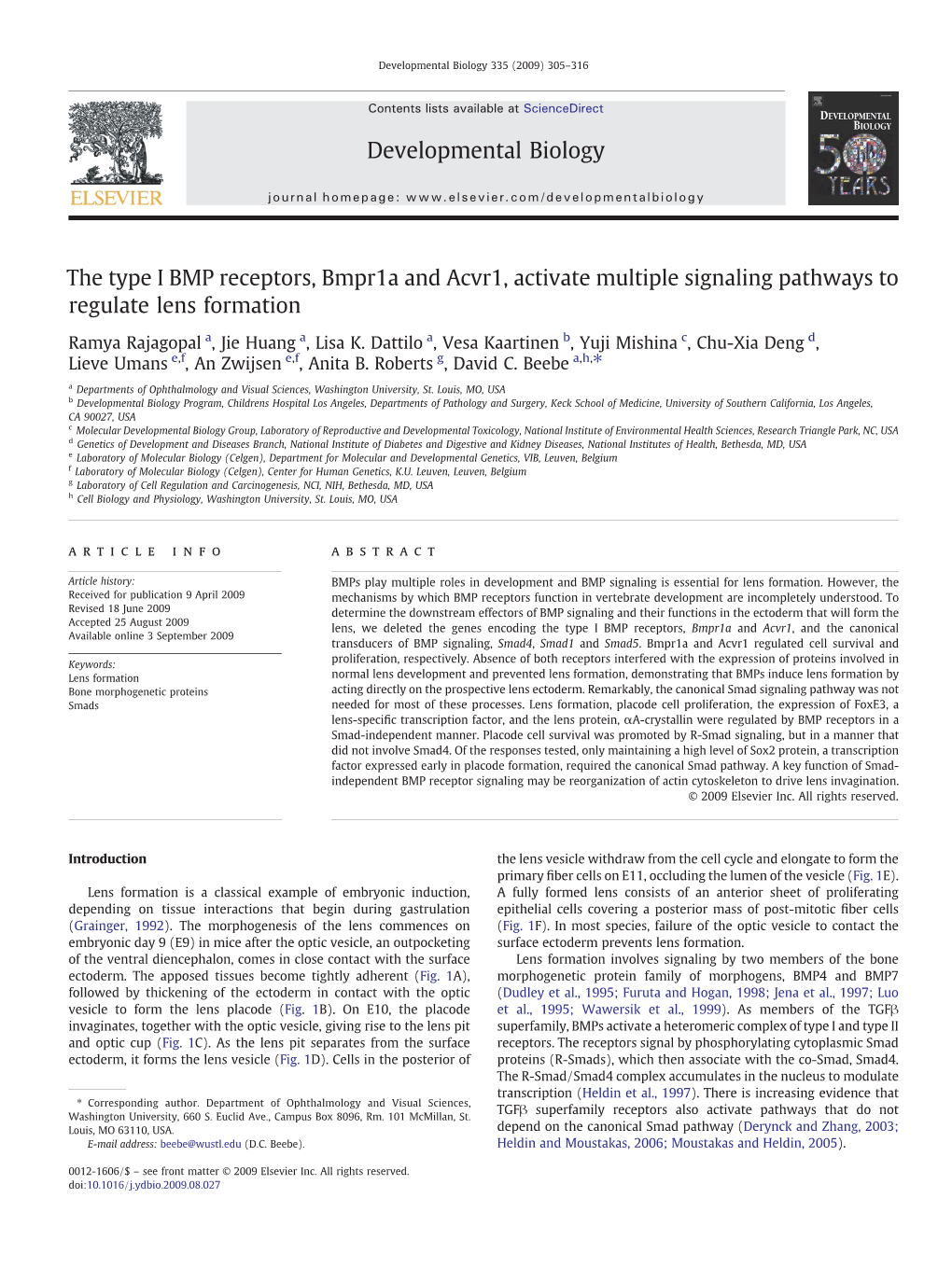 The Type I BMP Receptors, Bmpr1a and Acvr1, Activate Multiple Signaling Pathways to Regulate Lens Formation