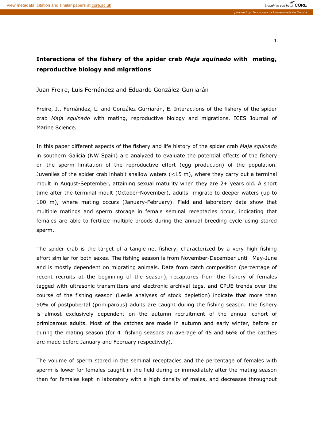 Interactions of the Fishery of the Spider Crab Maja Squinado with Mating, Reproductive Biology and Migrations