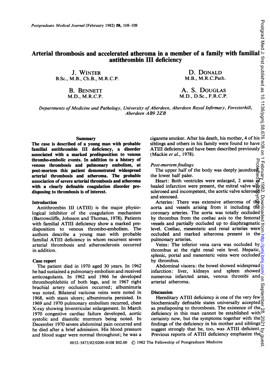 Arterial Thrombosis and Accelerated Atheroma in a Member of a Family with Familial Antithrombin III Deficiency J