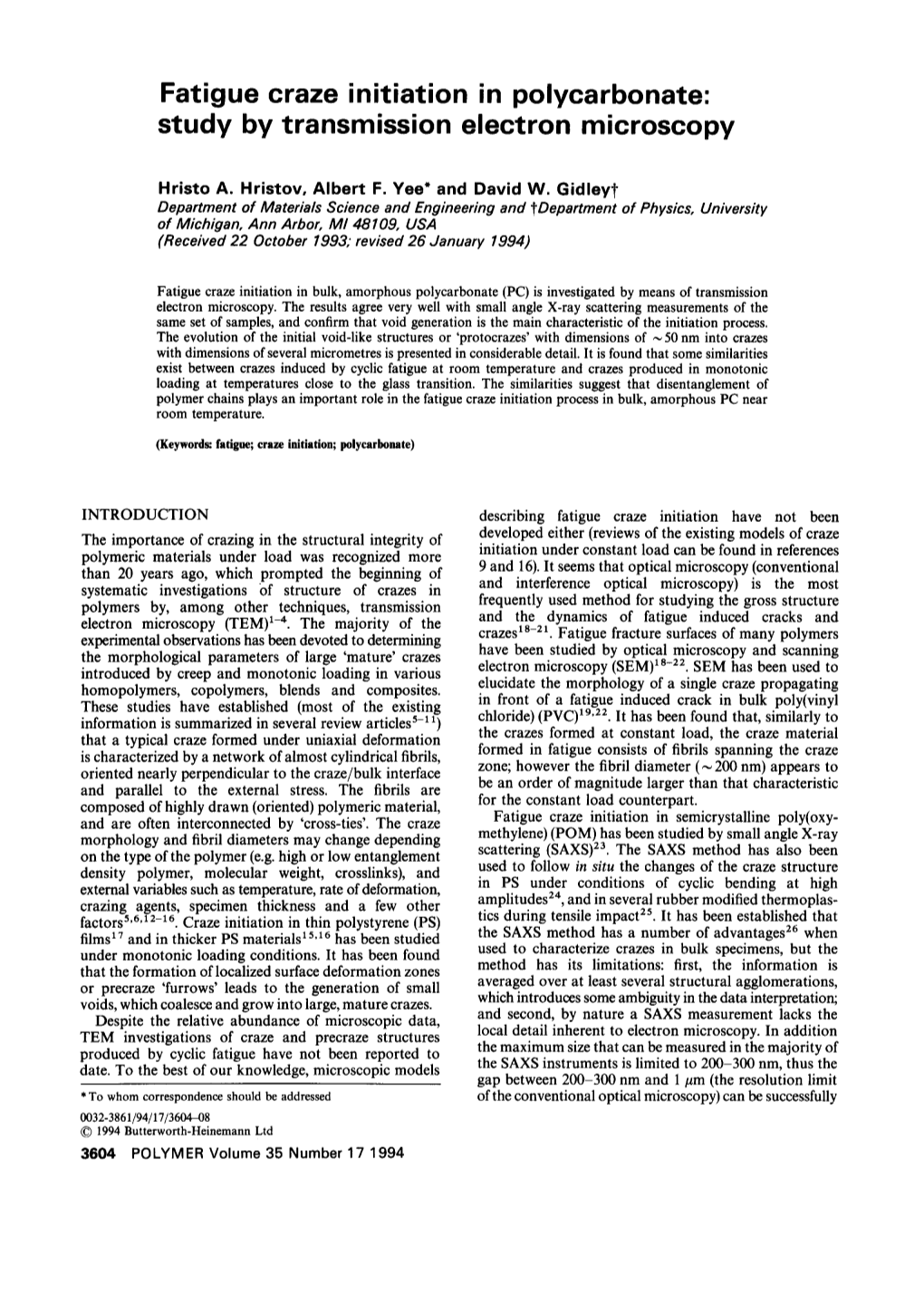 Fatigue Craze Initiation in Polycarbonate: Study by Transmission Electron Microscopy