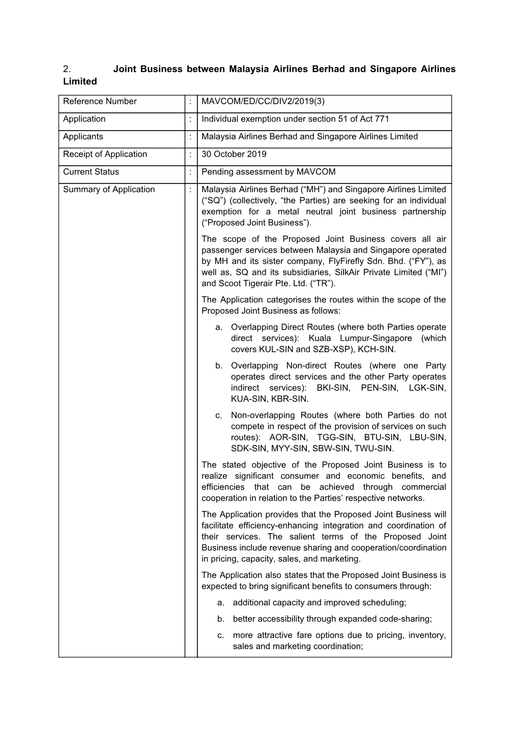 2. Joint Business Between Malaysia Airlines Berhad and Singapore Airlines Limited