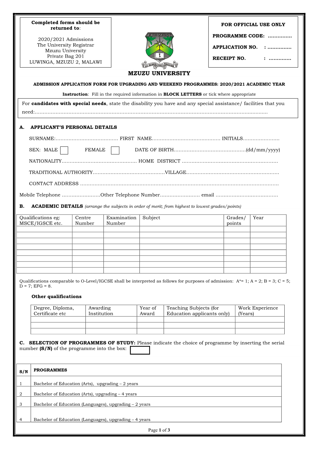 2020 2021 Admission Form