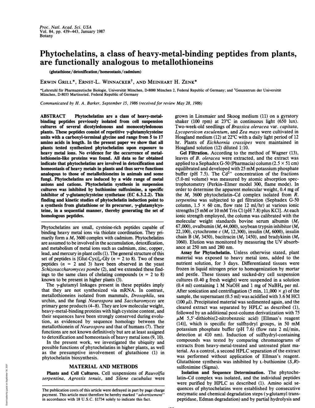 Phytochelatins, a Class of Heavy-Metal-Binding Peptides From