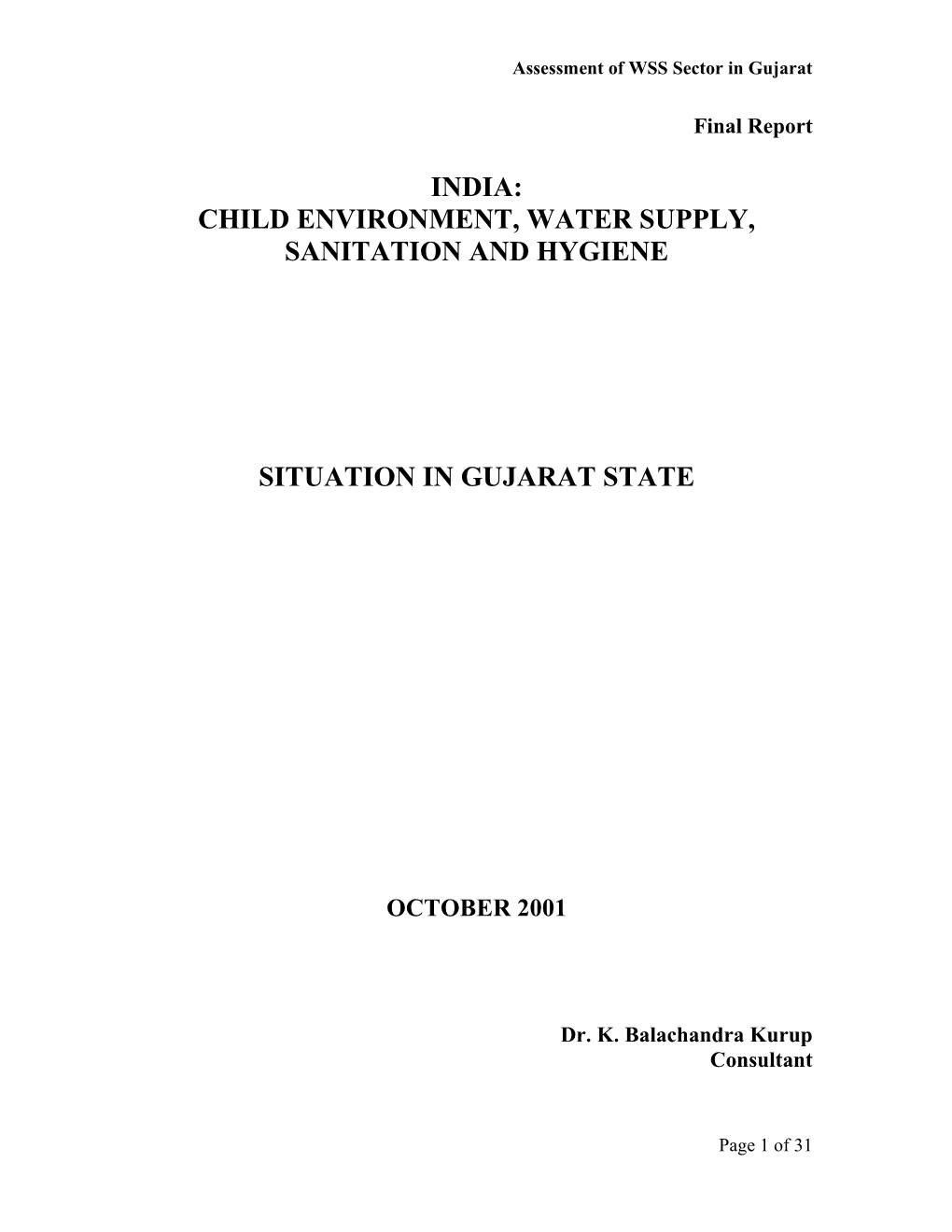 Child Environment, Water Supply, Sanitation and Hygiene