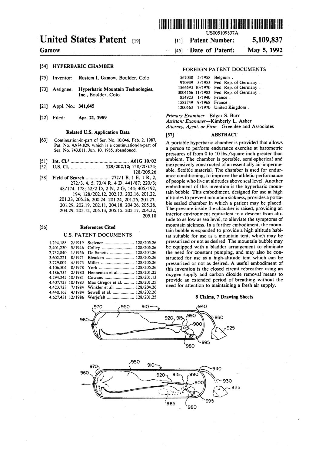 ||||||||||||||||II O US005109837A United States Patent 19) (11) Patent Number: 5,109,837 Gamow