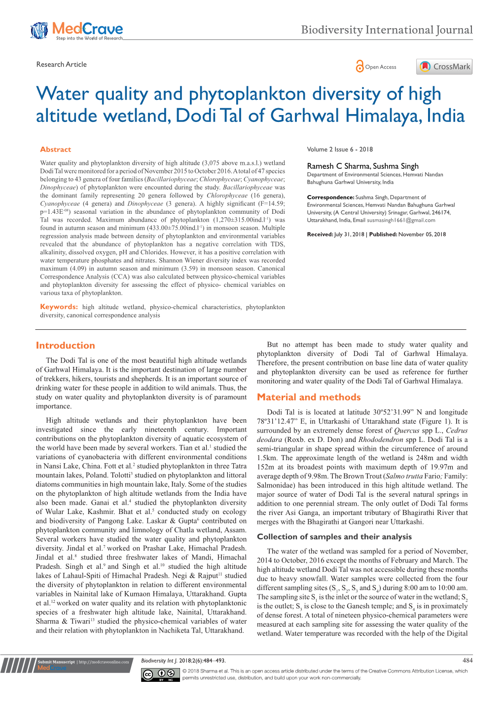 Water Quality and Phytoplankton Diversity of High Altitude Wetland, Dodi Tal of Garhwal Himalaya, India