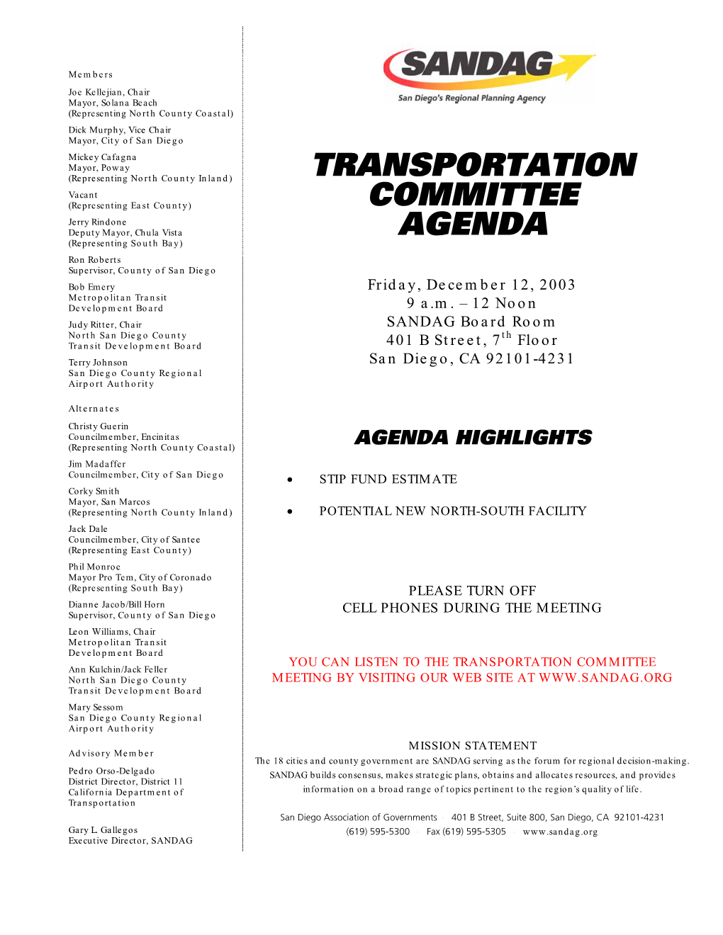 TRANSPORTATION COMMITTEE AGENDA Friday, December 12, 2003
