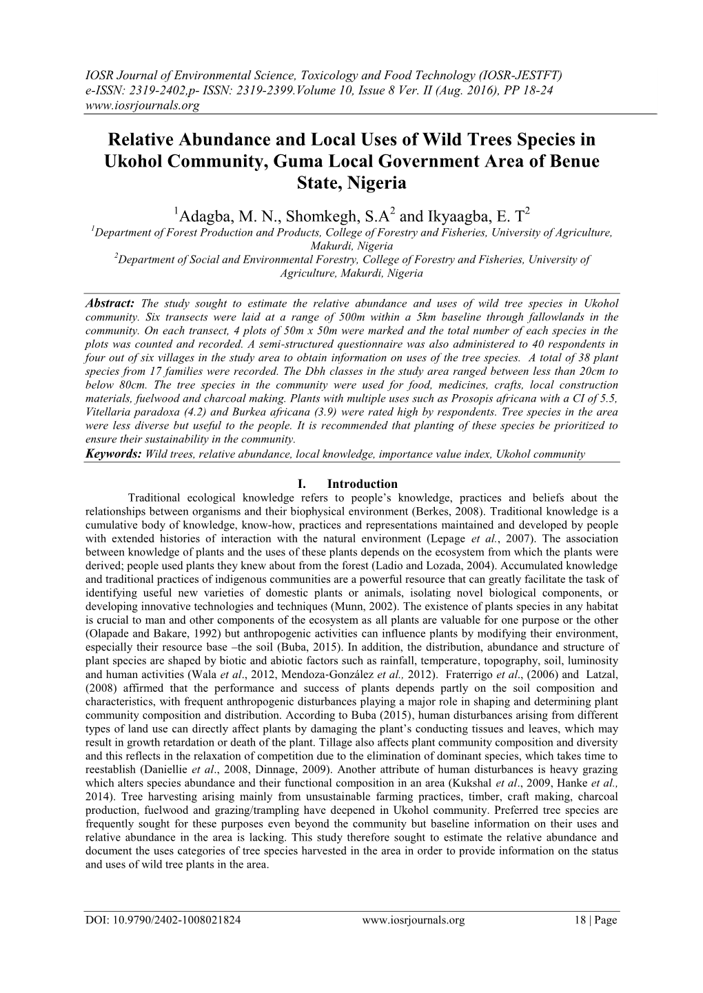 Relative Abundance and Local Uses of Wild Trees Species in Ukohol Community, Guma Local Government Area of Benue State, Nigeria