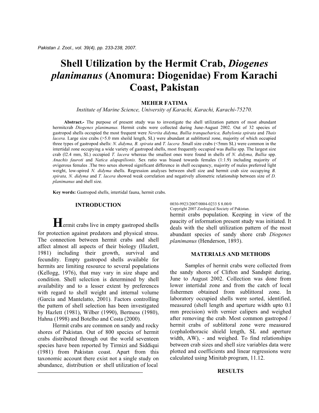 Shell Utilization by the Hermit Crab, Diogenes Planimanus (Anomura: Diogenidae) from Karachi Coast, Pakistan