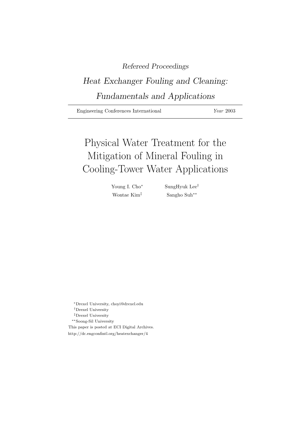 Physical Water Treatment for the Mitigation of Mineral Fouling in Cooling-Tower Water Applications